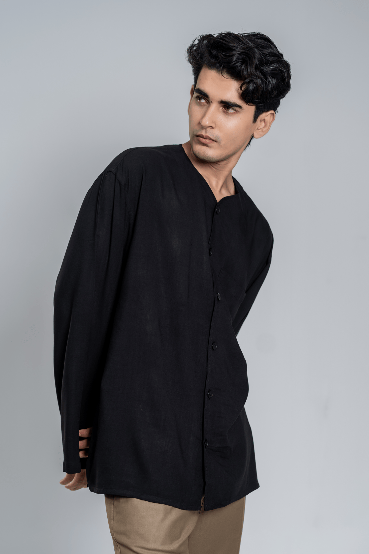 Mad Koffee Oversized Collarless Shirt with Flared sleeves - Black