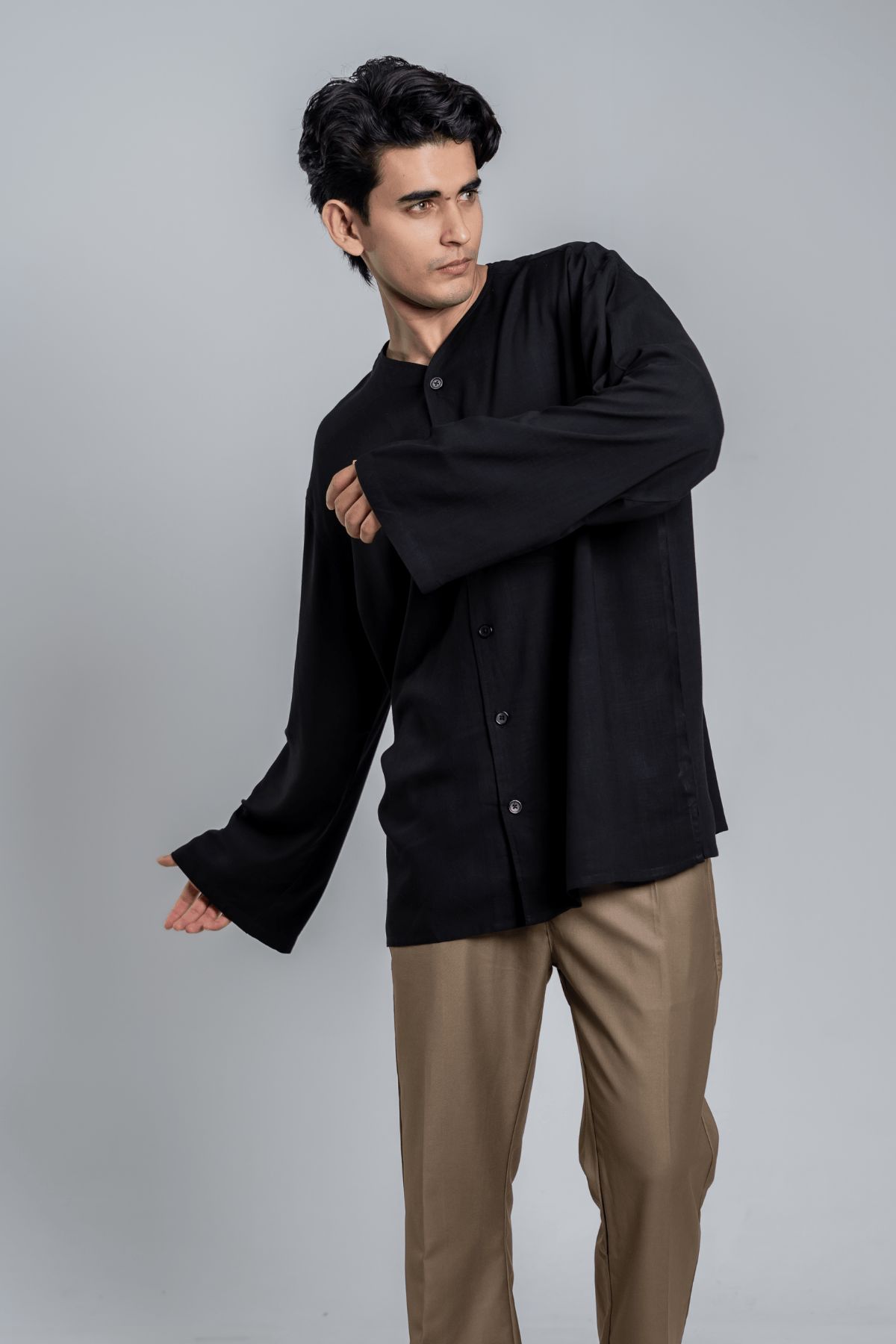 Mad Koffee Oversized Collarless Shirt with Flared sleeves - Black