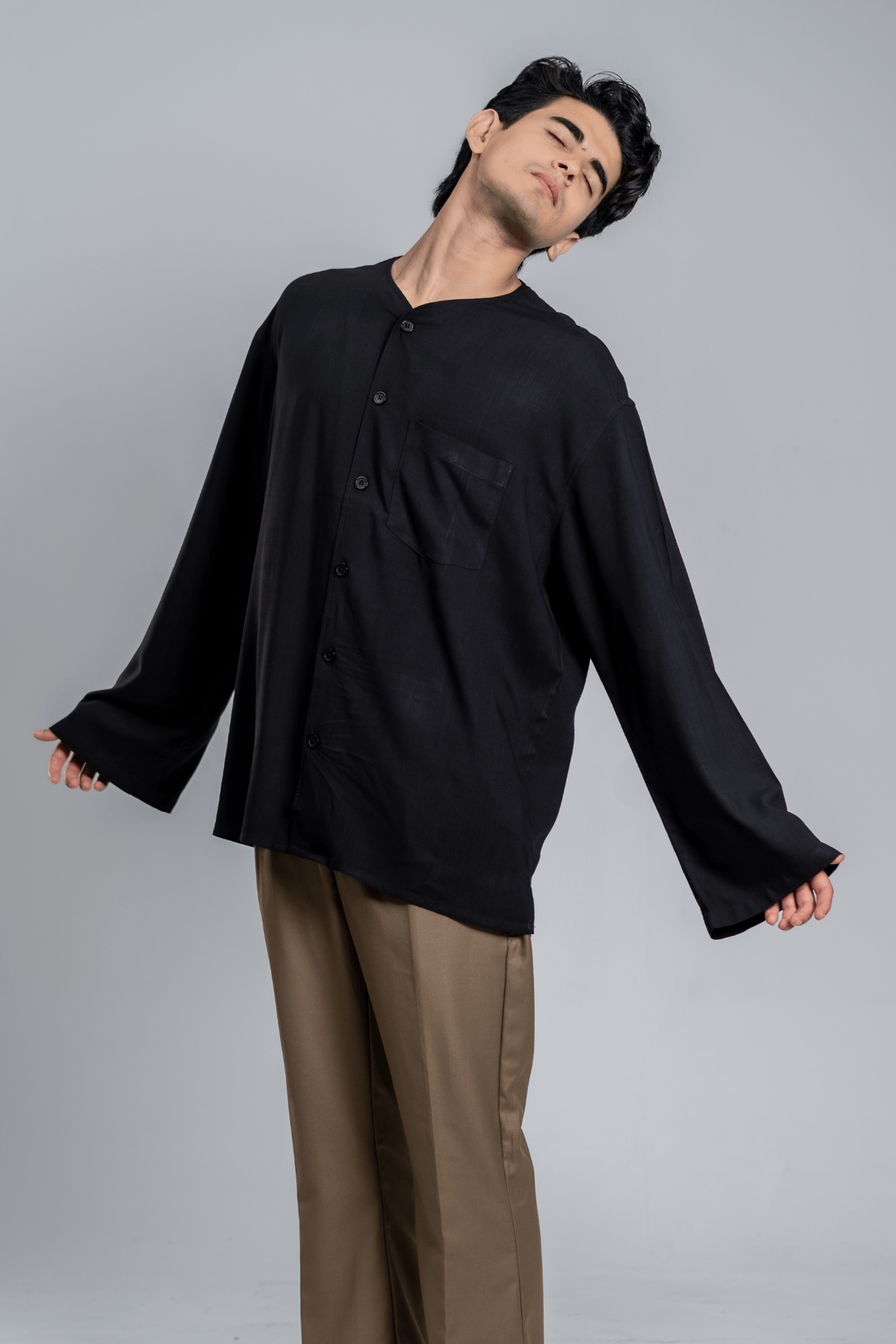 Mad Koffee Oversized Collarless Shirt with Flared sleeves - Black