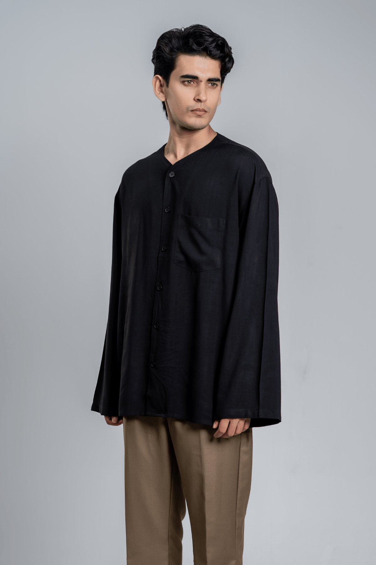 Mad Koffee Oversized Collarless Shirt with Flared sleeves - Black