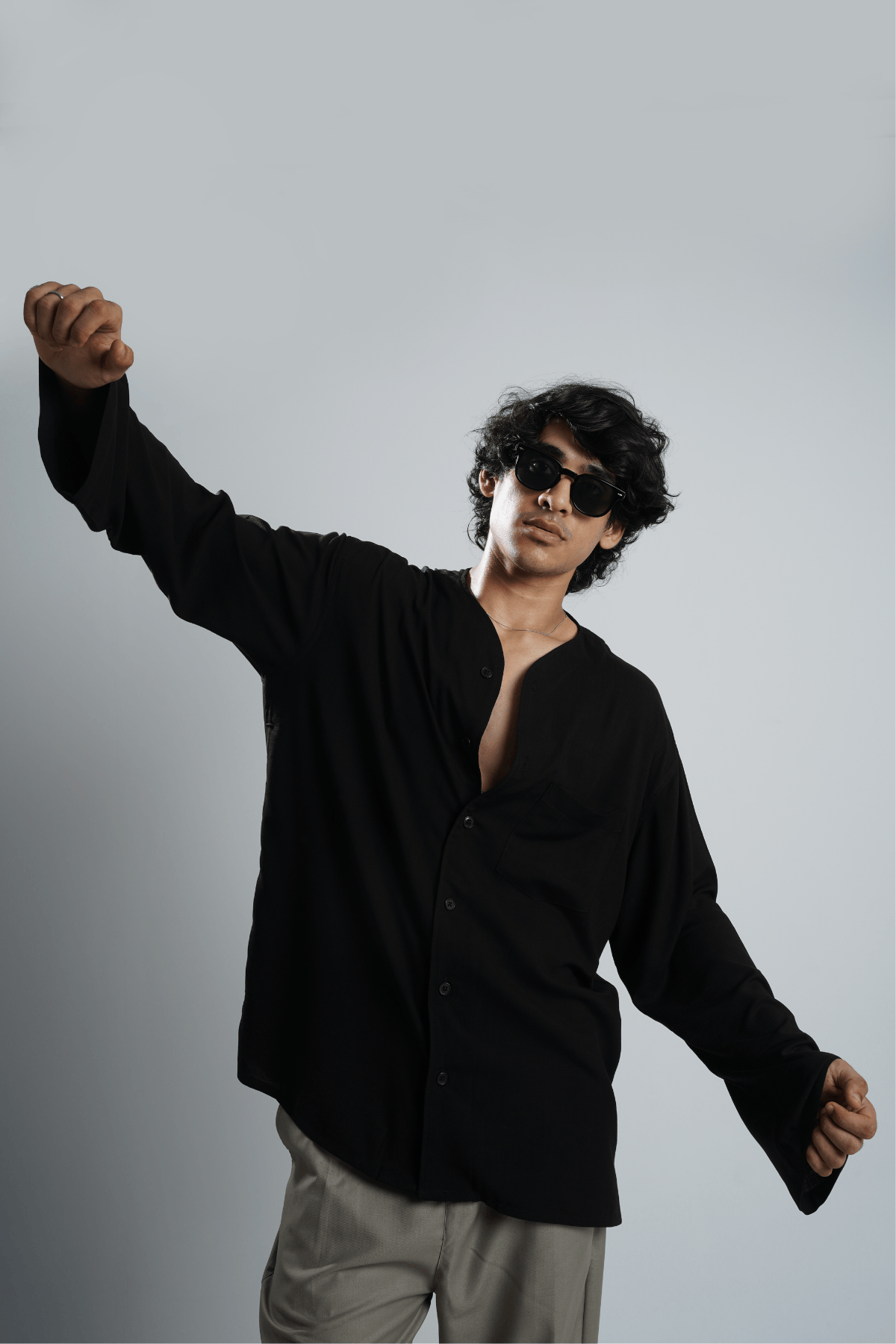 Mad Koffee Oversized Collarless Shirt with Flared sleeves - Black