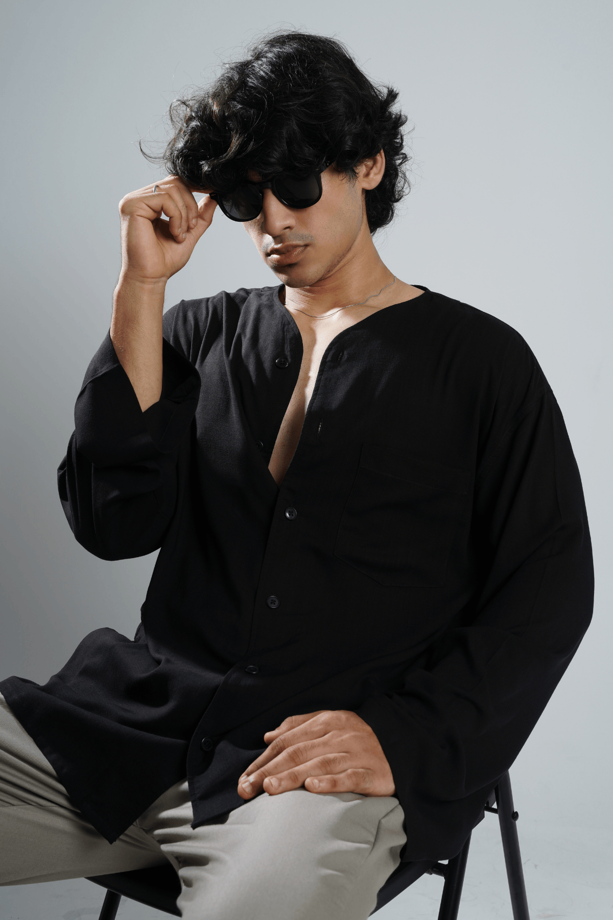 Mad Koffee Oversized Collarless Shirt with Flared sleeves - Black