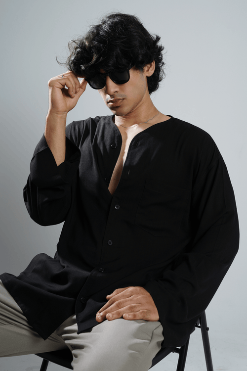 Load image 1 in gallery view. Mad Koffee Oversized Collarless Shirt with Flared sleeves - Black