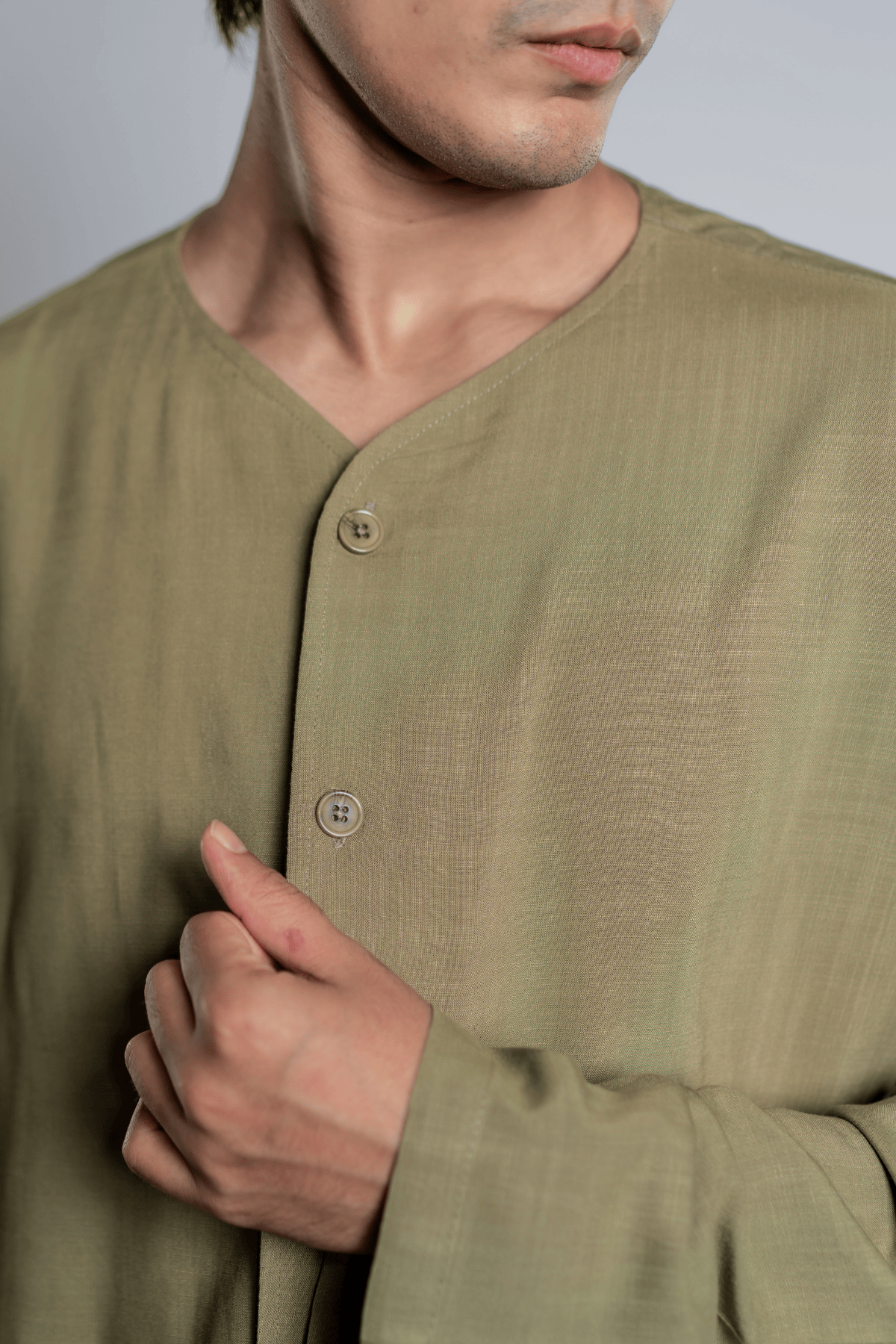Mad Koffee Oversized Collarless Shirt with Flared sleeves -Olive Green