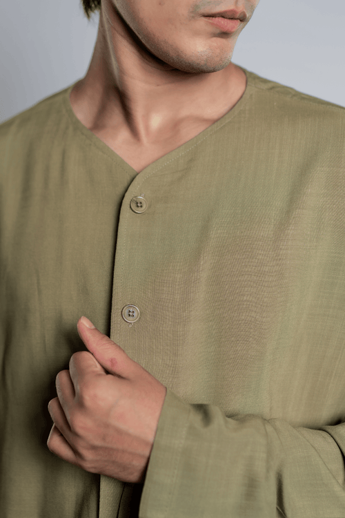 Load image 1 in gallery view. Mad Koffee Oversized Collarless Shirt with Flared sleeves -Olive Green