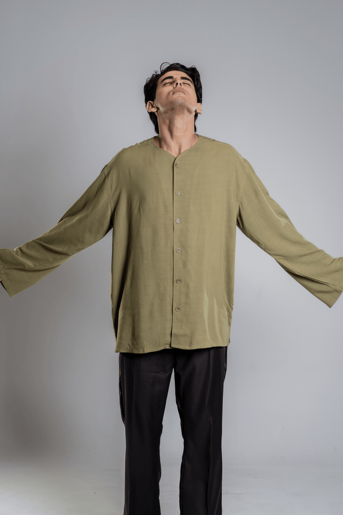 Mad Koffee Oversized Collarless Shirt with Flared sleeves -Olive Green