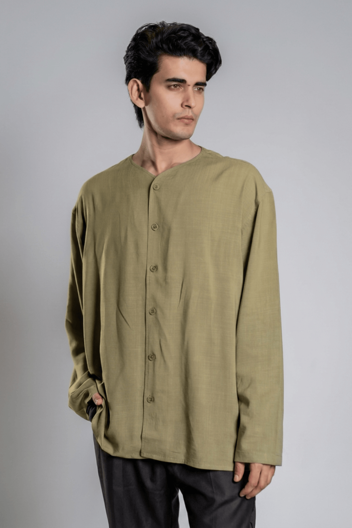 Mad Koffee Oversized Collarless Shirt with Flared sleeves -Olive Green