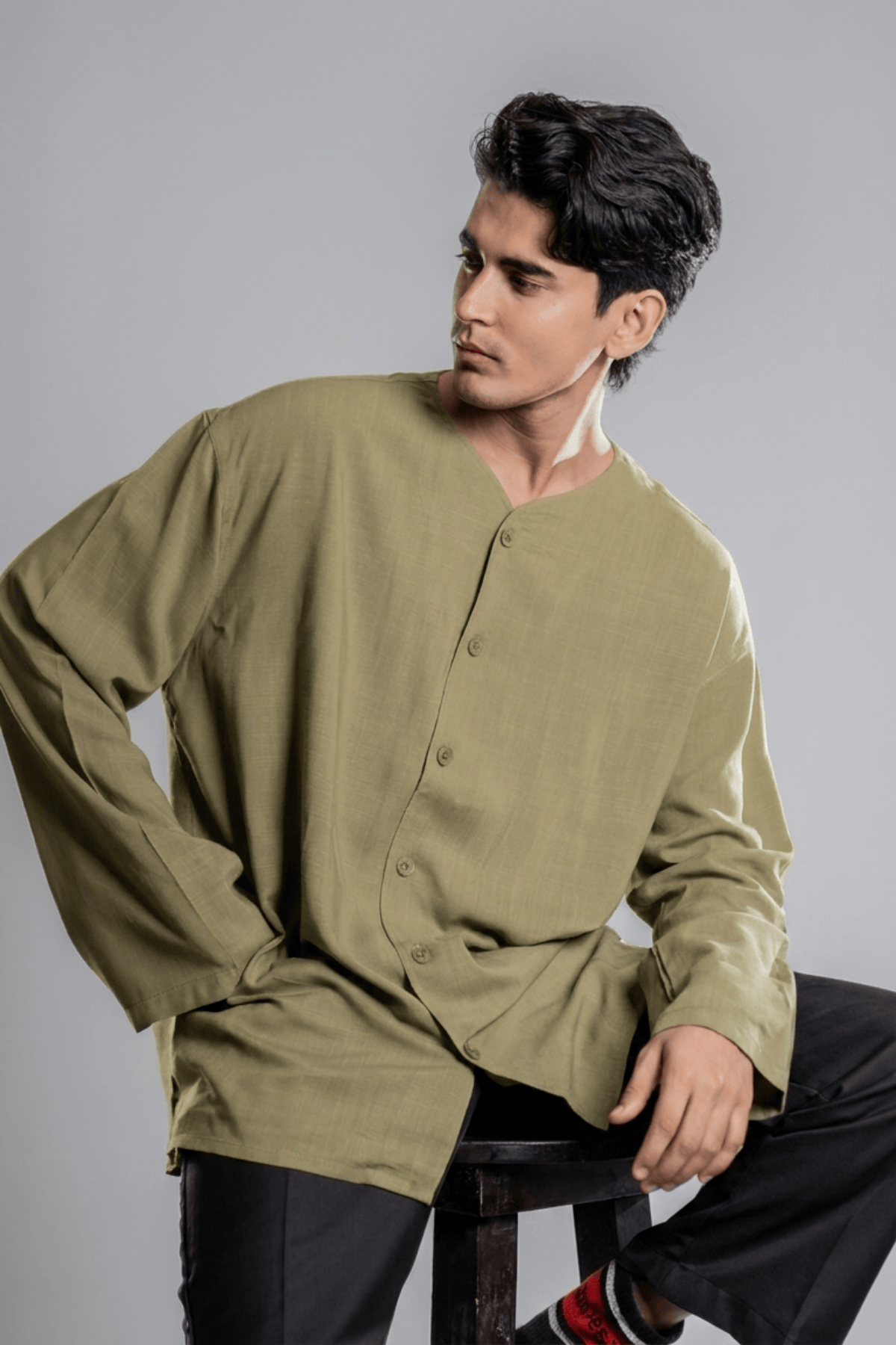 Mad Koffee Oversized Collarless Shirt with Flared sleeves -Olive Green