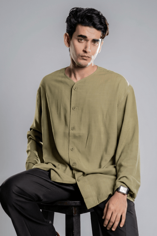 Load image 1 in gallery view. Mad Koffee Oversized Collarless Shirt with Flared sleeves -Olive Green