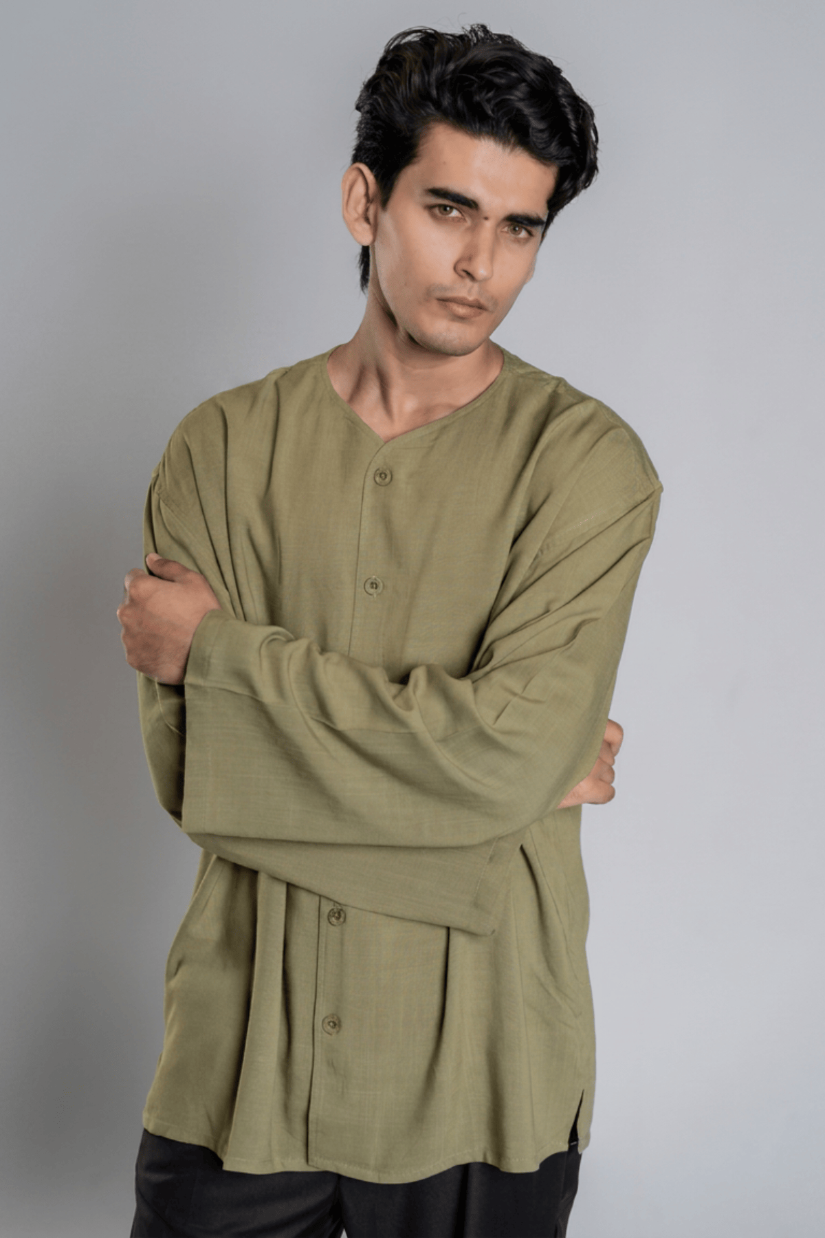 Mad Koffee Oversized Collarless Shirt with Flared sleeves -Olive Green
