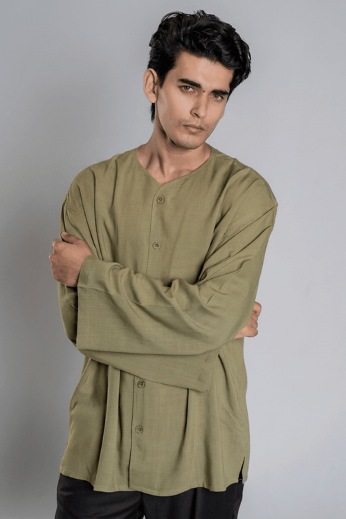 Load image 1 in gallery view. Mad Koffee Oversized Collarless Shirt with Flared sleeves -Olive Green