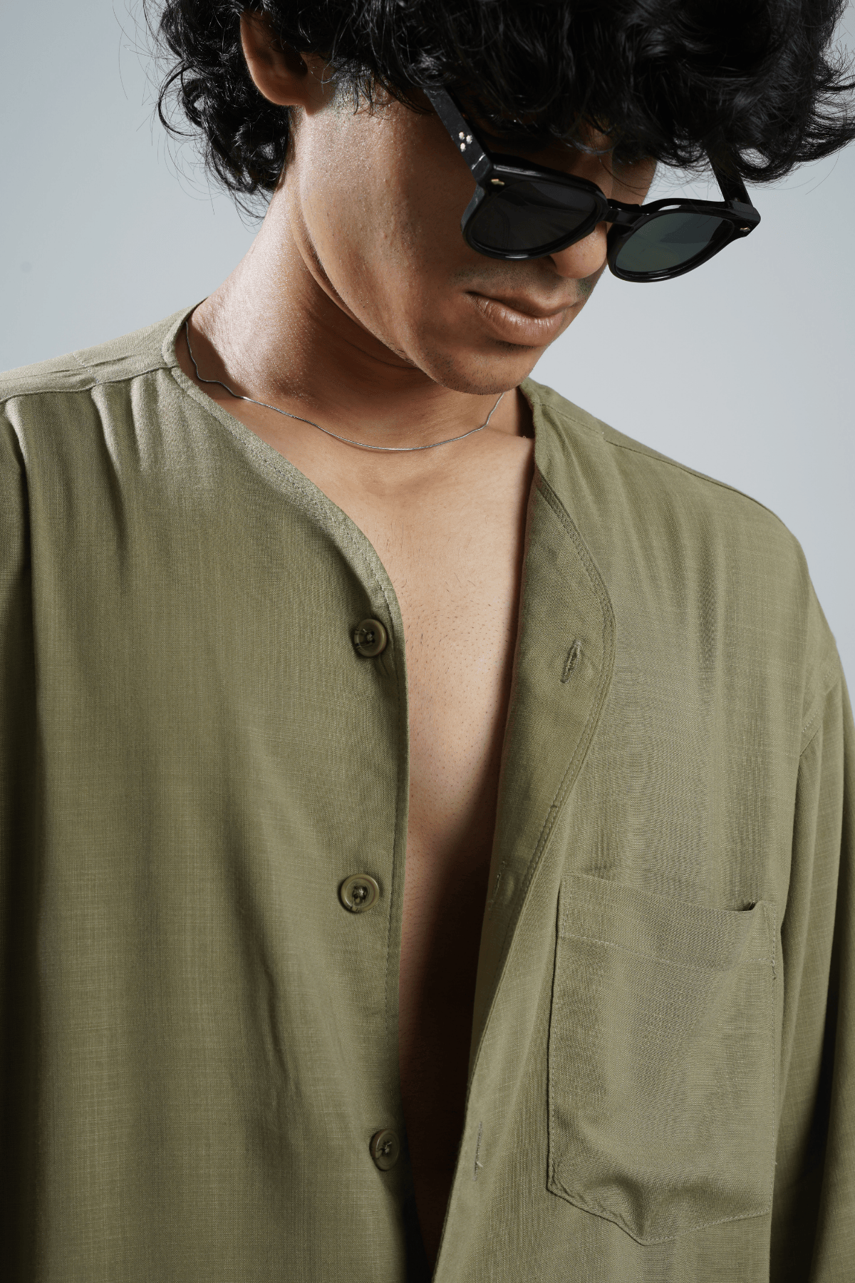 Mad Koffee Oversized Collarless Shirt with Flared sleeves -Olive Green