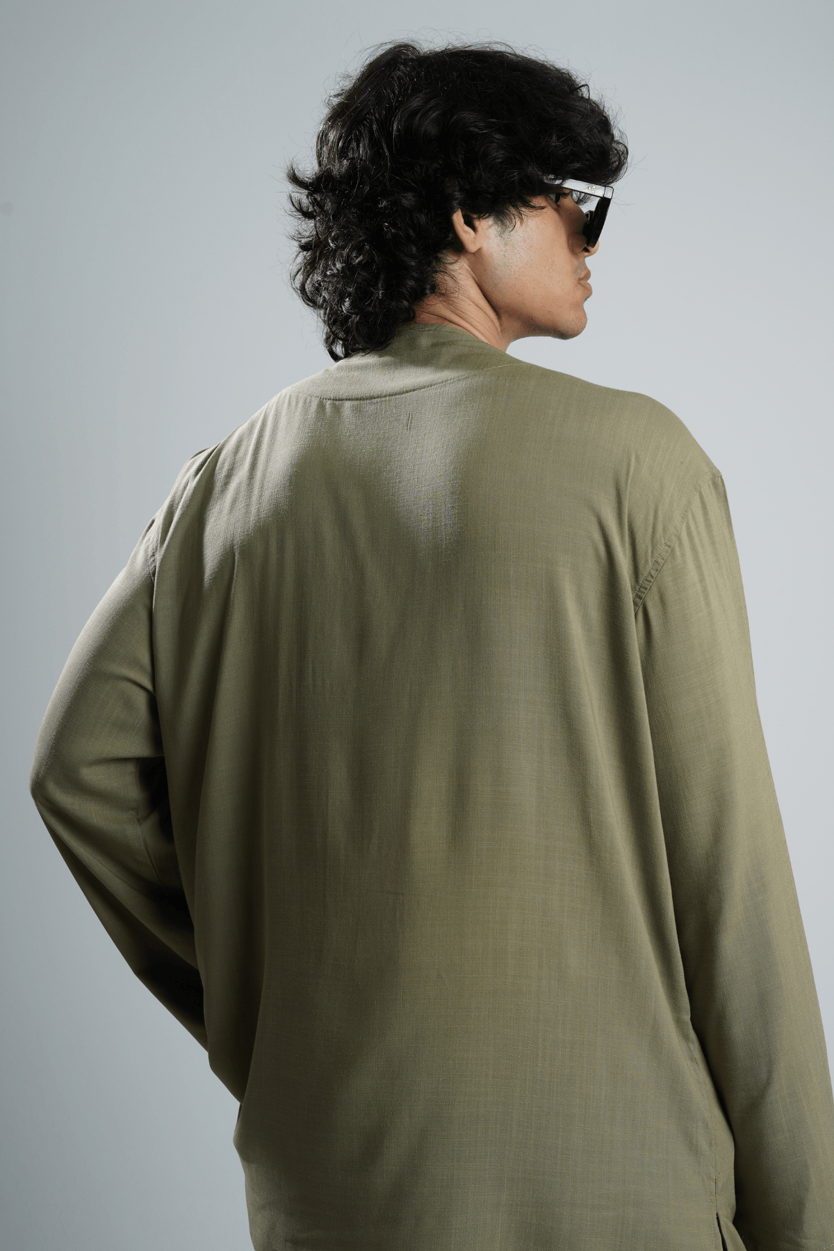 Mad Koffee Oversized Collarless Shirt with Flared sleeves -Olive Green