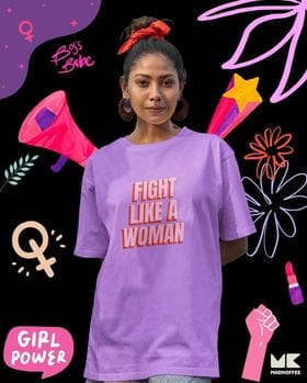 Mad Koffee Oversized T-shirts Black / 2XL Fight Like A Woman- Printed Oversized Drop Shoulder T-shirt
