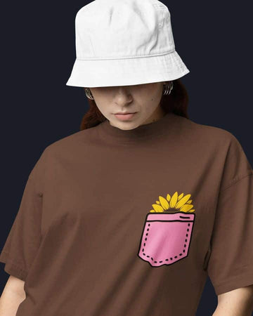 Mad Koffee Oversized T-shirts Black / 2XL Flower Pocket - Printed Oversized Drop Shoulder T-shirt