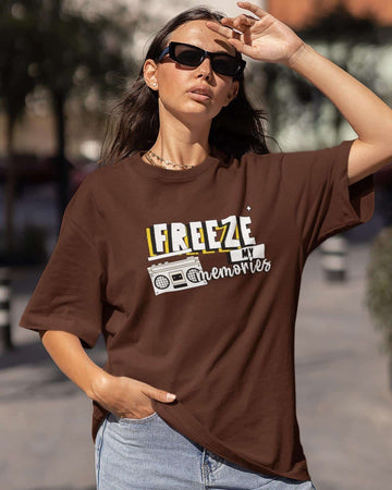 Mad Koffee Oversized T-shirts Black / 2XL Freeze My Memories - Printed Oversized Drop Shoulder T-shirt