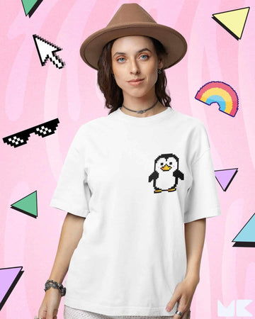Mad Koffee Oversized T-shirts Black / 2XL Pixelated Penguin - Printed Oversized Drop Shoulder T-shirt