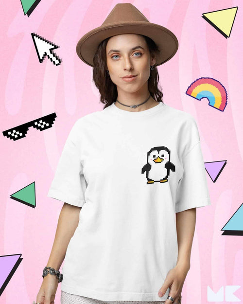 Load image 1 in gallery view. Mad Koffee Oversized T-shirts Black / 2XL Pixelated Penguin - Printed Oversized Drop Shoulder T-shirt