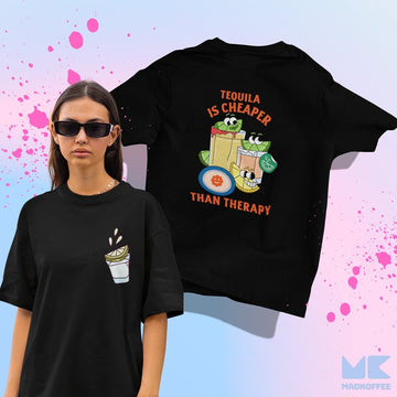Mad Koffee Oversized T-shirts Black / 2XL TEQUILA IS CHEAPER THEN THERAPY- Oversized Drop Shoulder T-shirt