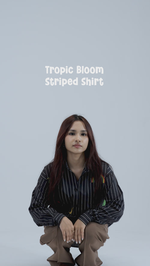 Load image 1 in gallery view. Tropic Bloom Button-Up Embroidered Striped Shirt