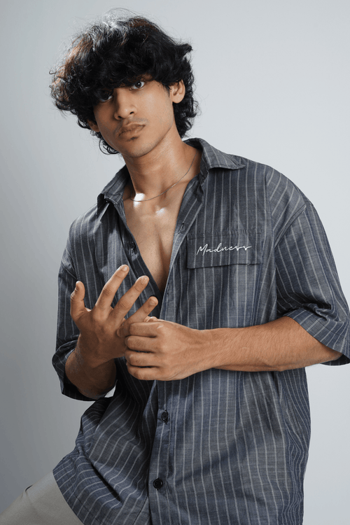 Load image 1 in gallery view. Mad Koffee Shirts Charcoal Blue Pinstripe