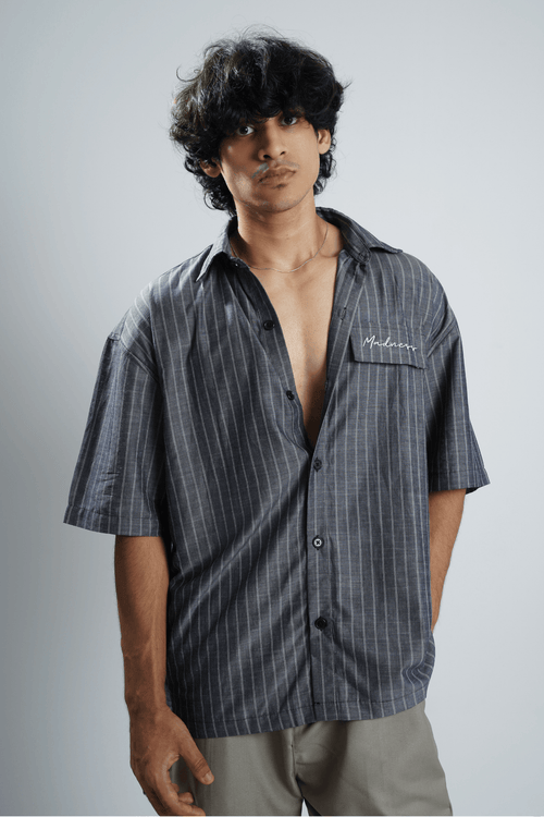 Load image 1 in gallery view. Mad Koffee Shirts Charcoal Blue Pinstripe
