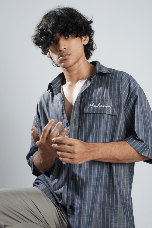 Load image 1 in gallery view. Mad Koffee Shirts Charcoal Blue Pinstripe