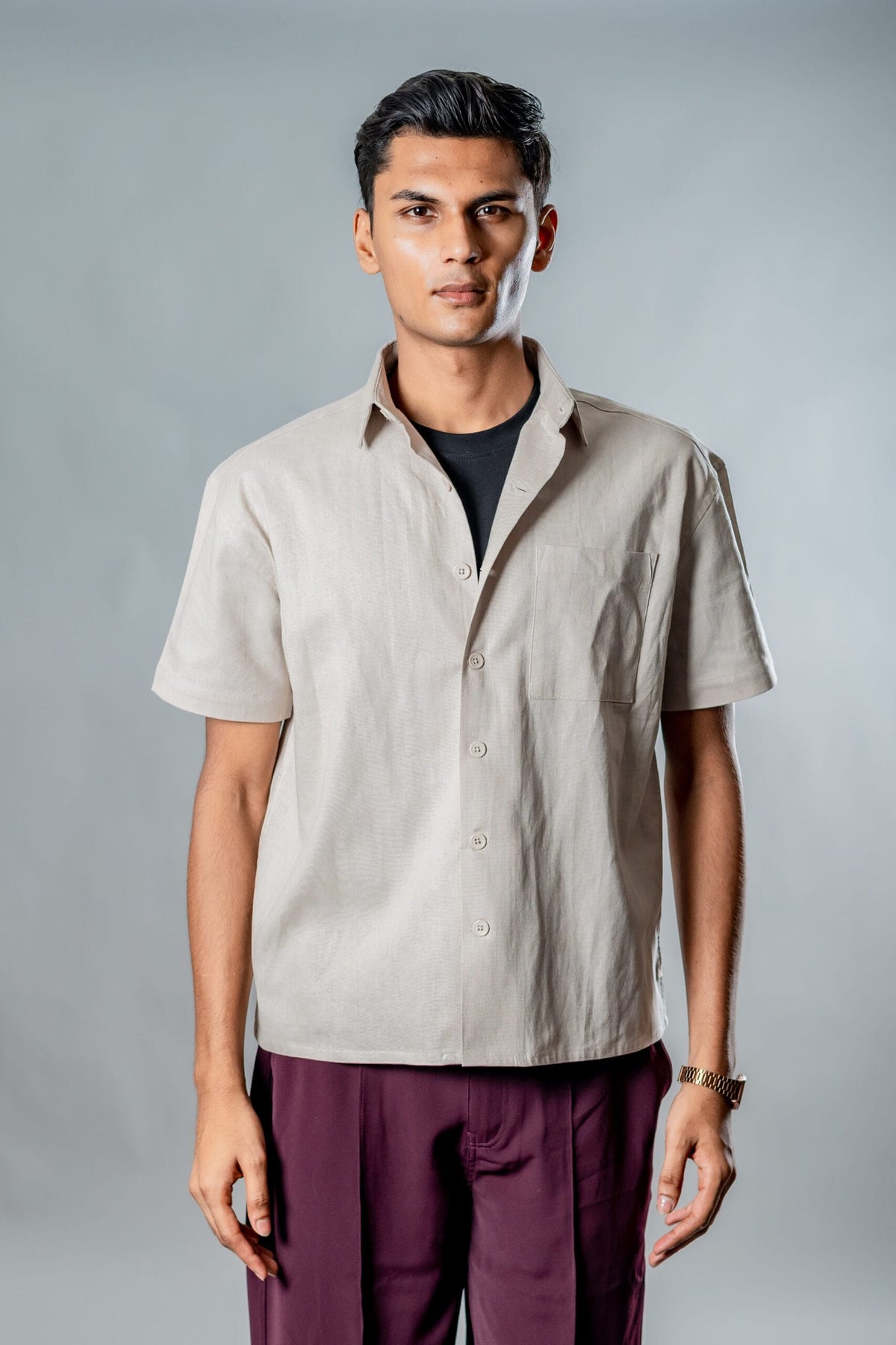Mad Koffee Shirts Linen Box Fit Oversized Half Sleeve Shirt — Light Beige