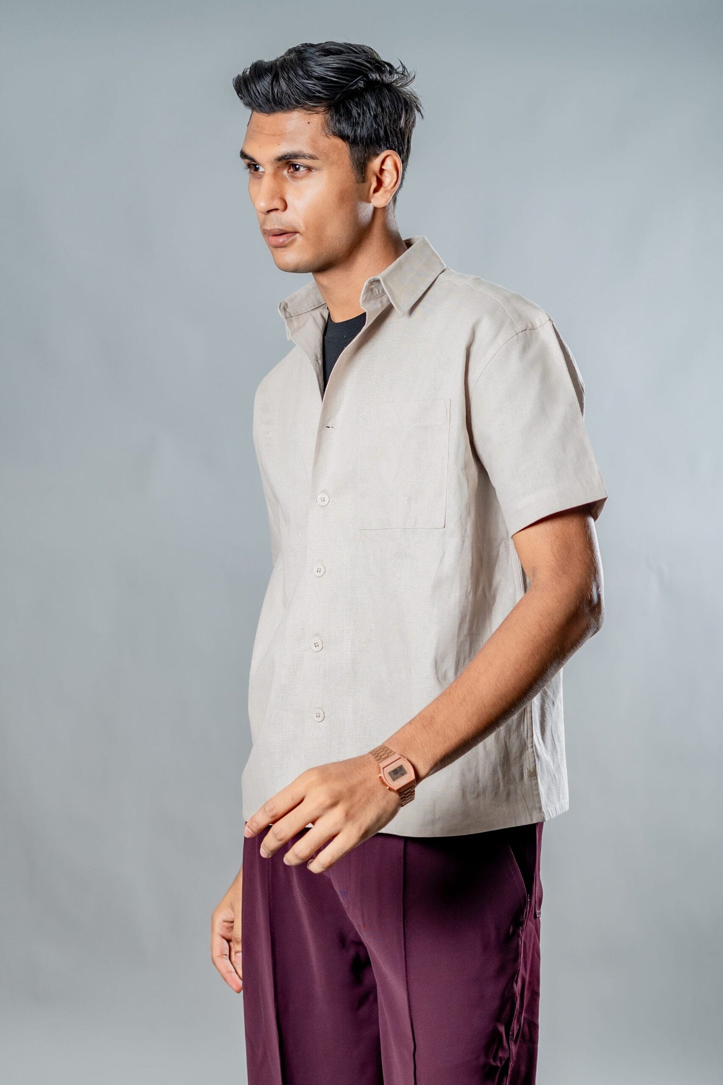Mad Koffee Shirts Linen Box Fit Oversized Half Sleeve Shirt — Light Beige
