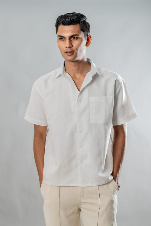 Load image 1 in gallery view. Mad Koffee Shirts Linen Box Fit Oversized Half Sleeve Shirt — White