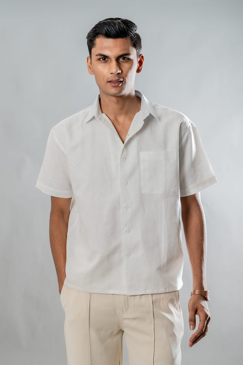 Load image 1 in gallery view. Mad Koffee Shirts Linen Box Fit Oversized Half Sleeve Shirt — White