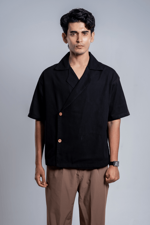 Load image 1 in gallery view. Mad Koffee Shirts Remi Cotton Open Collar Shirt - Black