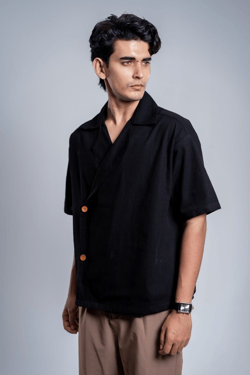 Load image 1 in gallery view. Mad Koffee Shirts Remi Cotton Open Collar Shirt - Black