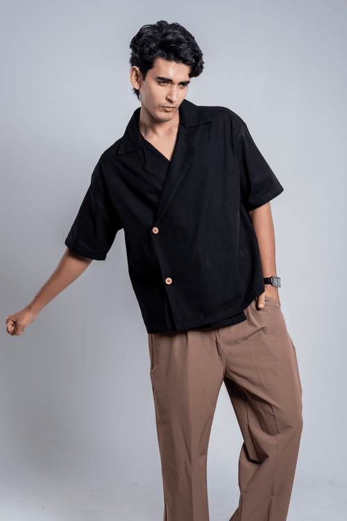 Load image 1 in gallery view. Mad Koffee Shirts Remi Cotton Open Collar Shirt - Black