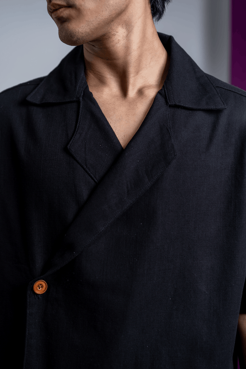 Load image 1 in gallery view. Mad Koffee Shirts Remi Cotton Open Collar Shirt - Black