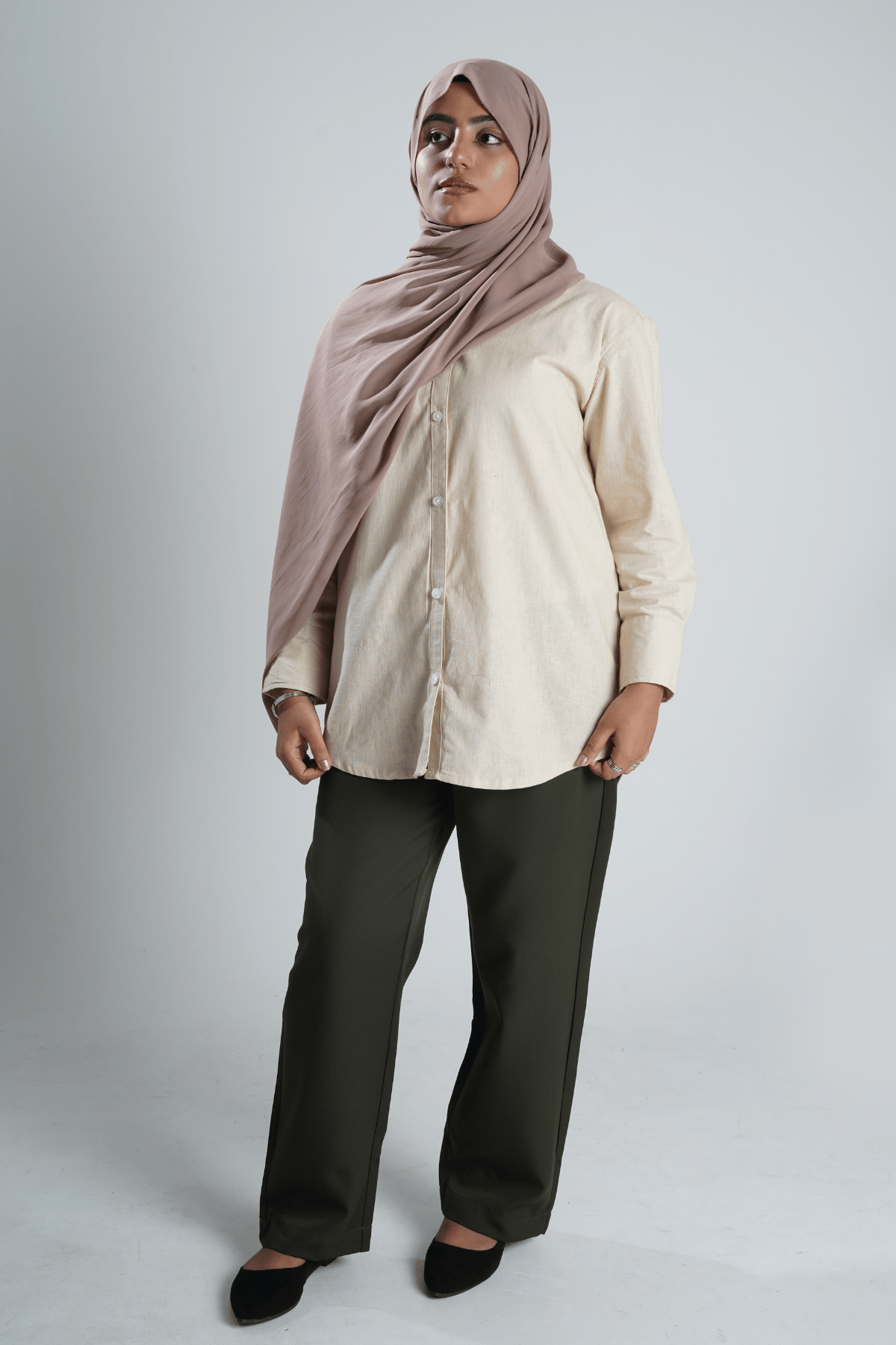 Mad Koffee Shirts Women’s V-Neck Long Shirt – Beige