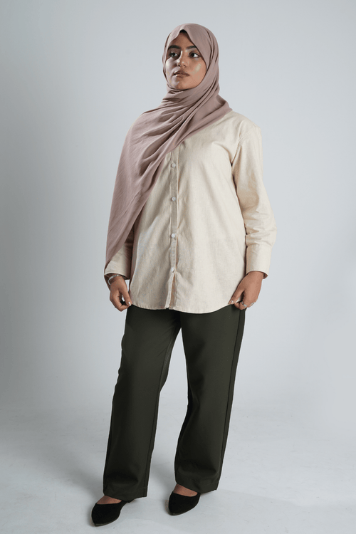 Load image 1 in gallery view. Mad Koffee Shirts Women’s V-Neck Long Shirt – Beige