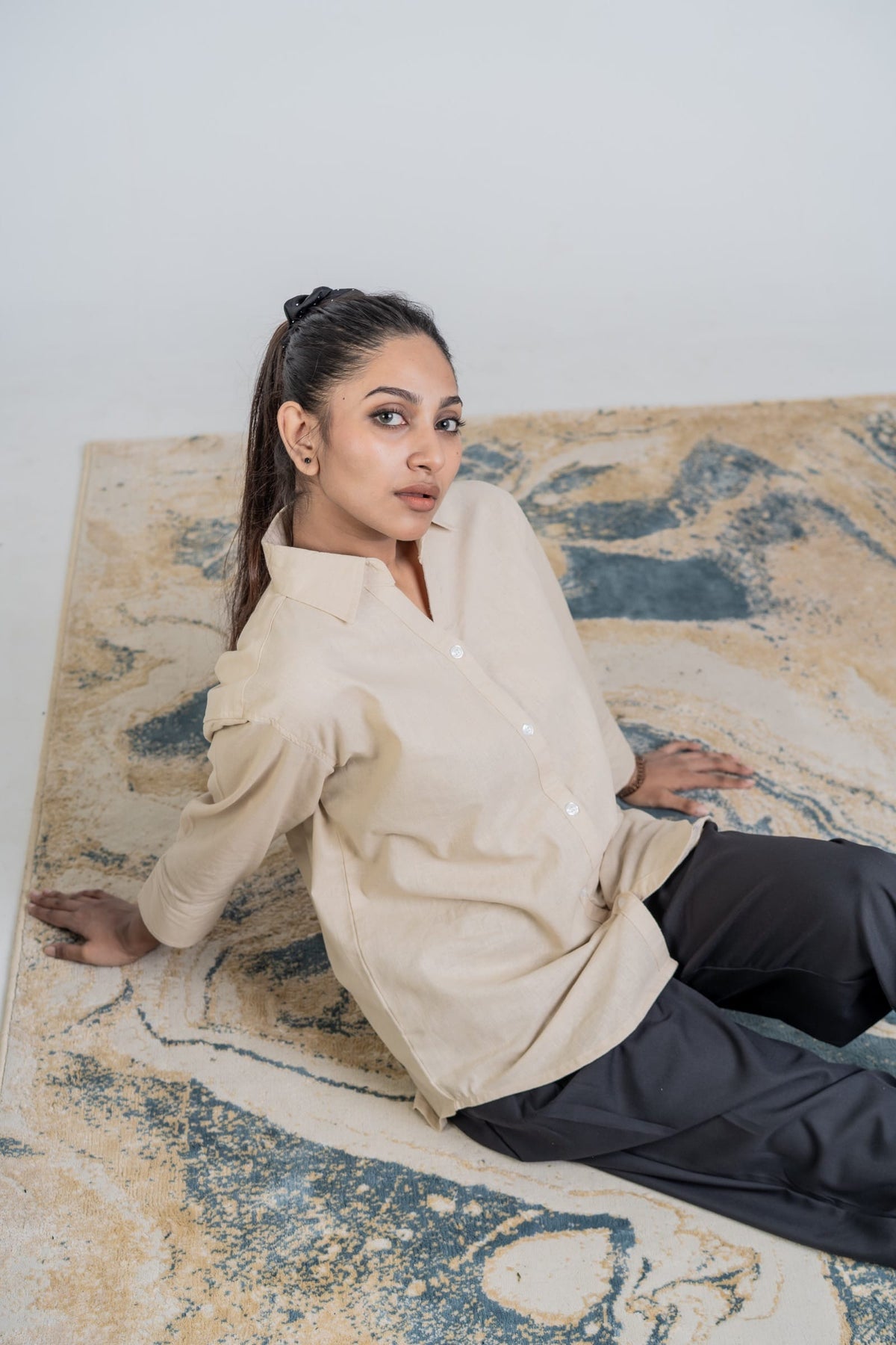 Mad Koffee Shirts Women’s V-Neck Long Shirt – Beige