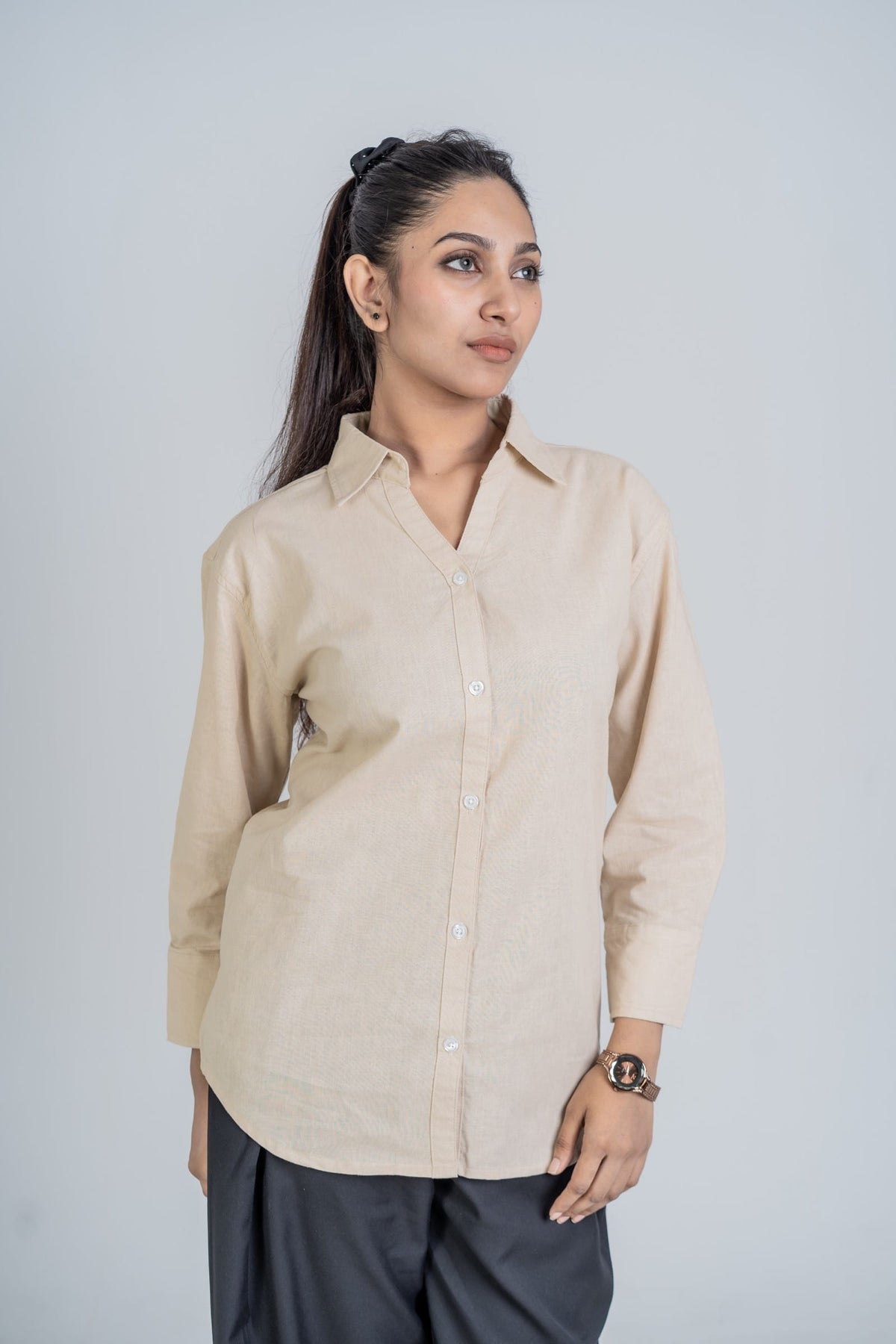 Mad Koffee Shirts Women’s V-Neck Long Shirt – Beige