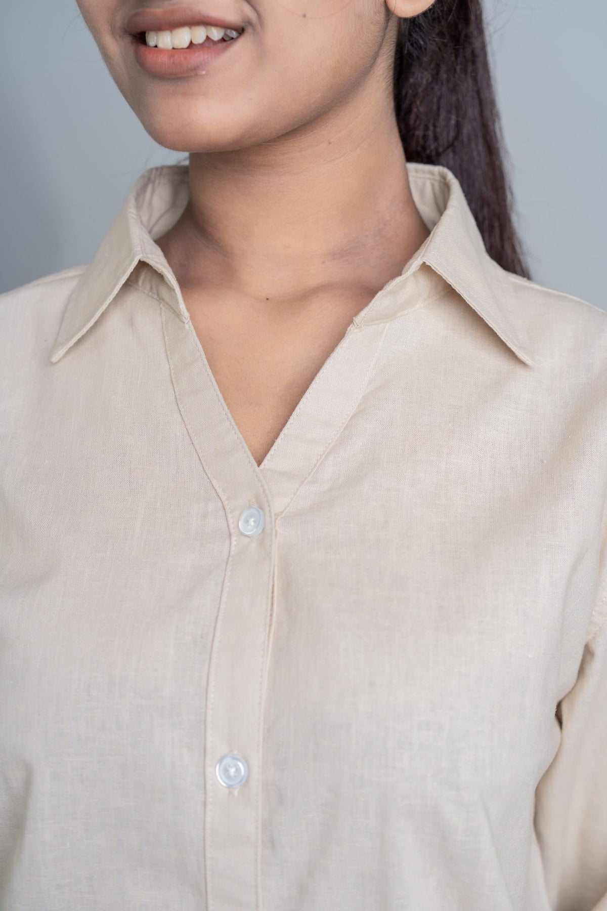 Mad Koffee Shirts Women’s V-Neck Long Shirt – Beige