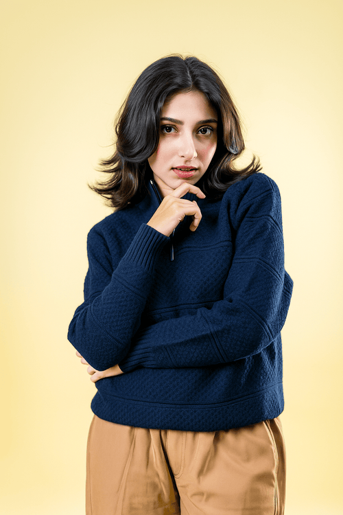 Load image 1 in gallery view. Mad Koffee Sweater Polyamide Half-Zip Sweater: Navy Blue