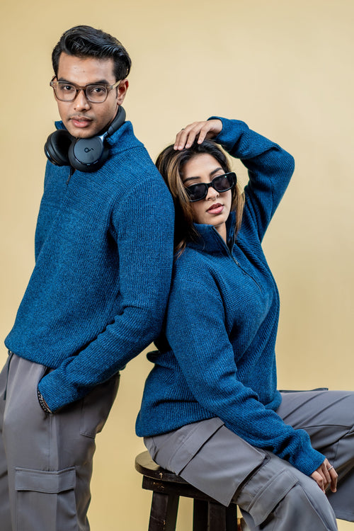 Load image 1 in gallery view. Mad Koffee Sweater Wool Half Zipper Sweater: Teal Blue