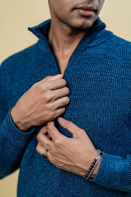 Load image 1 in gallery view. Mad Koffee Sweater Wool Half Zipper Sweater: Teal Blue