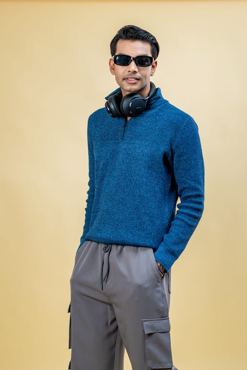 Load image 1 in gallery view. Mad Koffee Sweater Wool Half Zipper Sweater: Teal Blue