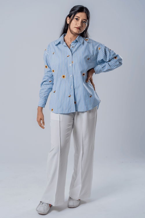 Load image 1 in gallery view. Mad Koffee The Bumblebee & Sunflower Embroidered Striped Shirt