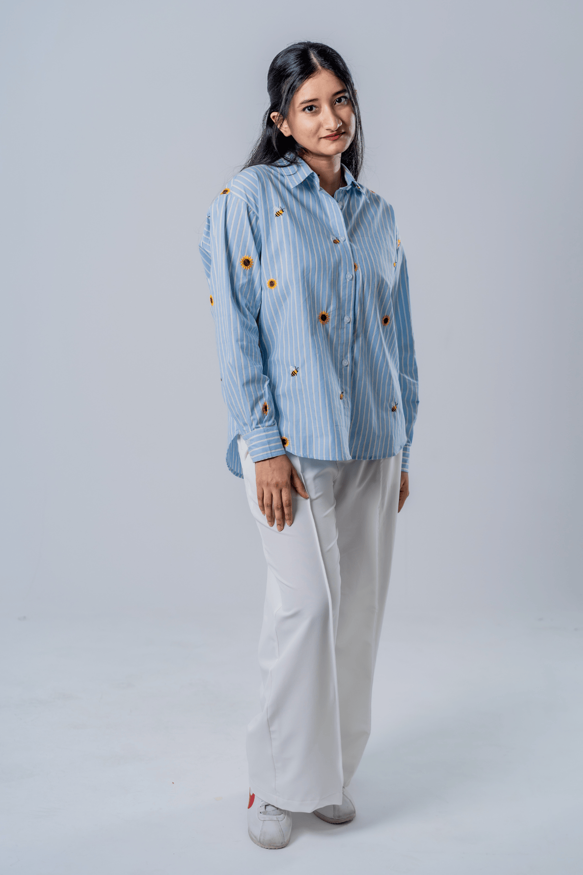 Mad Koffee The Bumblebee & Sunflower Embroidered Striped Shirt