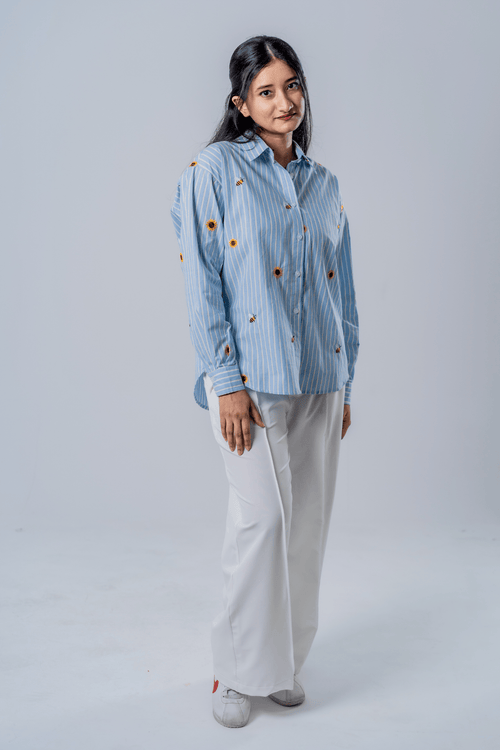 Load image 1 in gallery view. Mad Koffee The Bumblebee & Sunflower Embroidered Striped Shirt