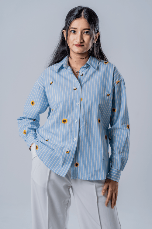 Load image 1 in gallery view. Mad Koffee The Bumblebee & Sunflower Embroidered Striped Shirt