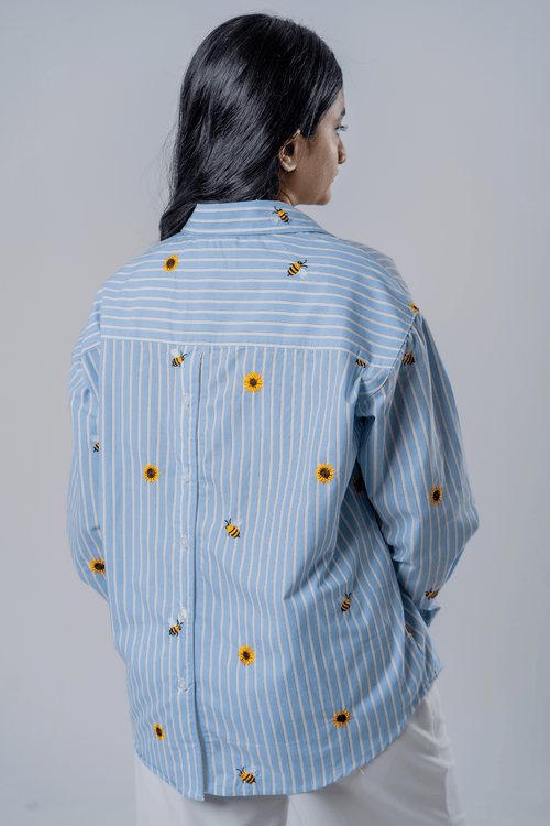 Load image 1 in gallery view. Mad Koffee The Bumblebee & Sunflower Embroidered Striped Shirt