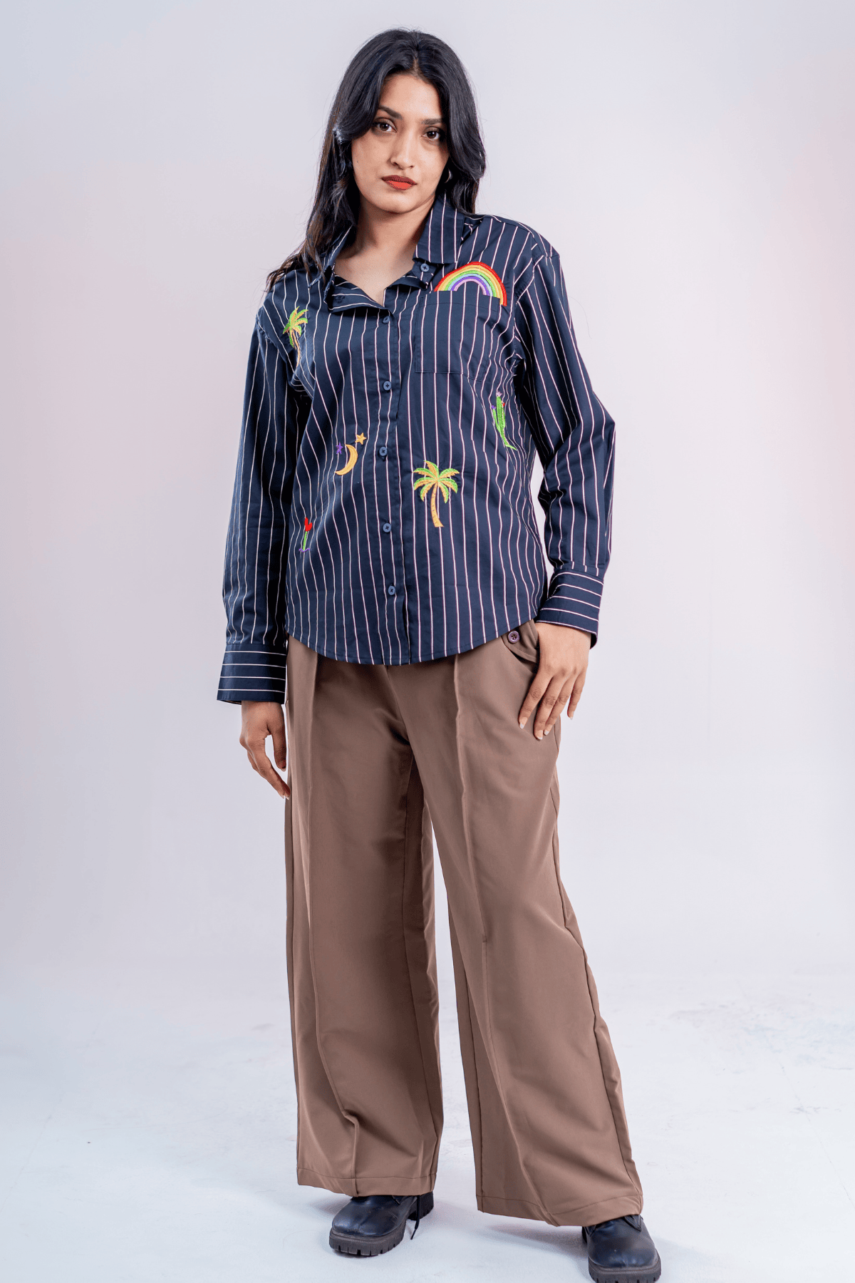 Mad Koffee Tropic Bloom Button-Up Embroidered Striped Shirt